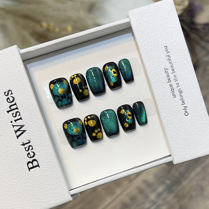 Artistic Press-On Nail Set with Playful Floral and Glitter Accents Acalora
