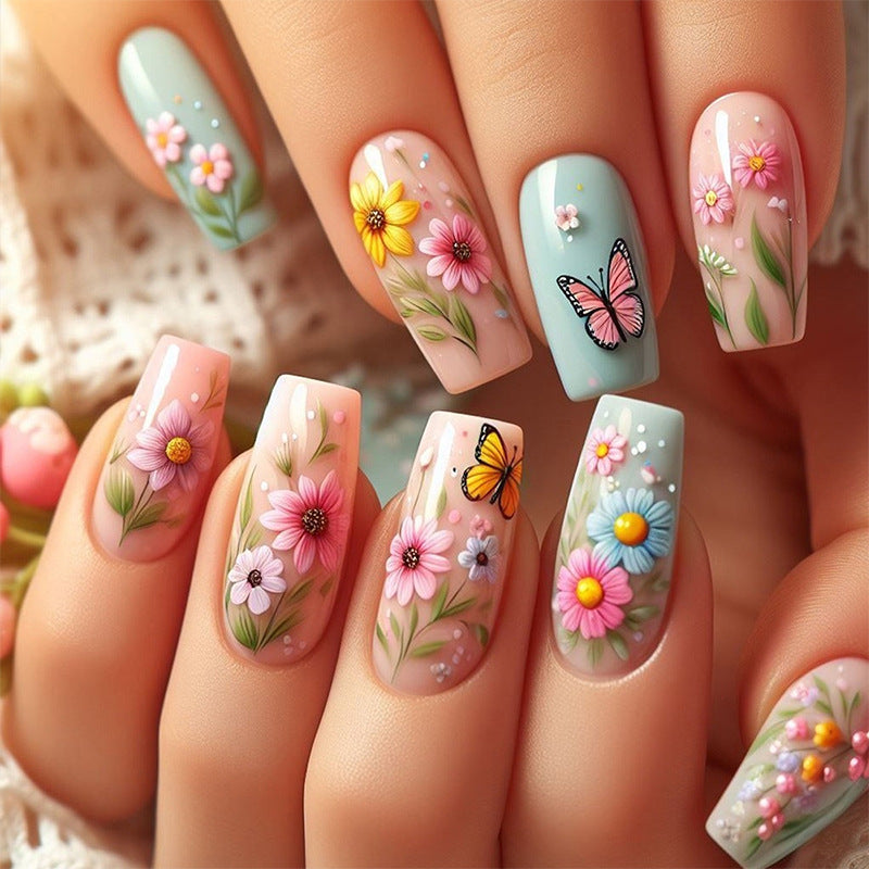 Decorative Press-On Nail Art Set with Floral and Butterfly Designs Acalora