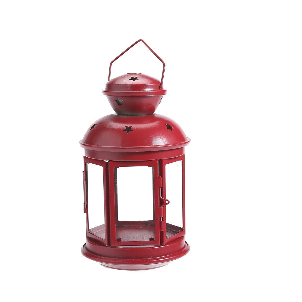 Vintage-Inspired Cylindrical Metal Tea Light Lantern with Star Vent Cutouts and Hinged Glass Door Acalora