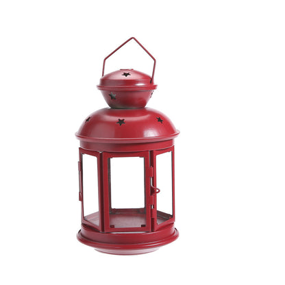 Vintage-Inspired Cylindrical Metal Tea Light Lantern with Star Vent Cutouts and Hinged Glass Door Acalora