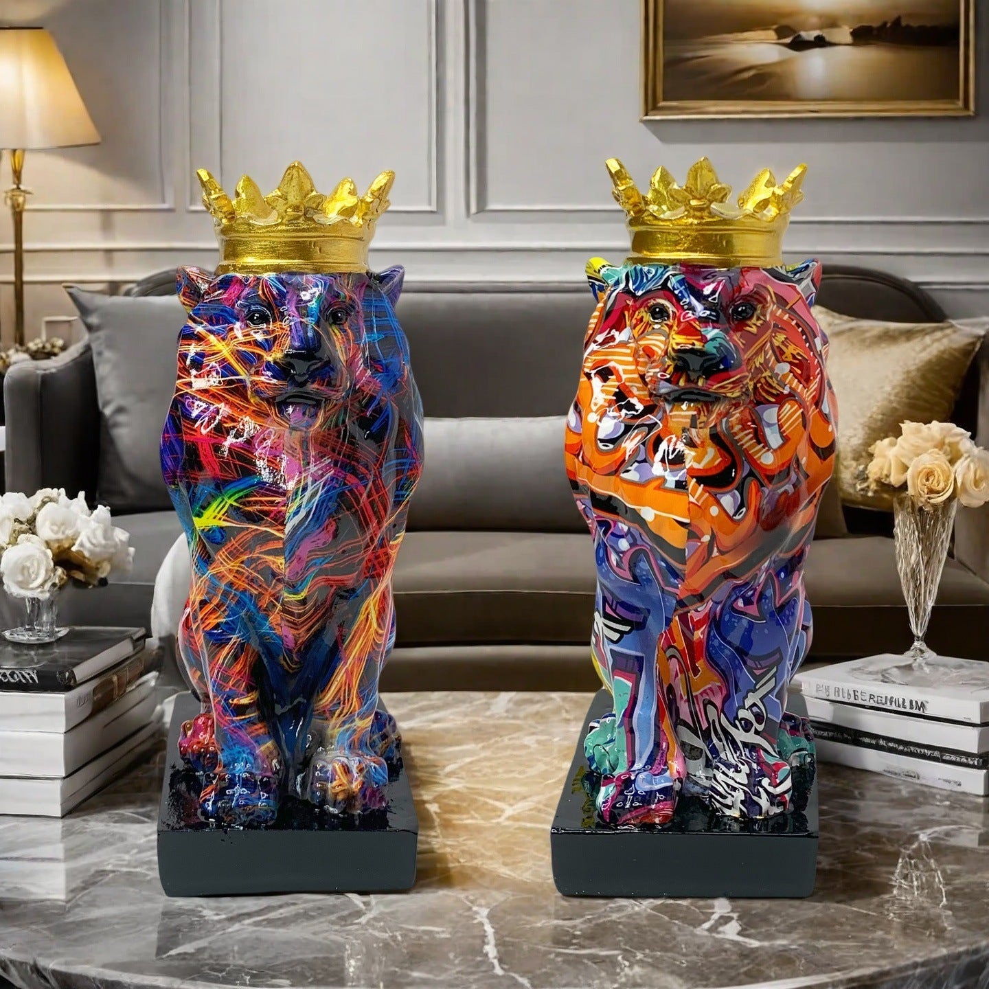 Colorful Lion Sculpture with Crown Acalora