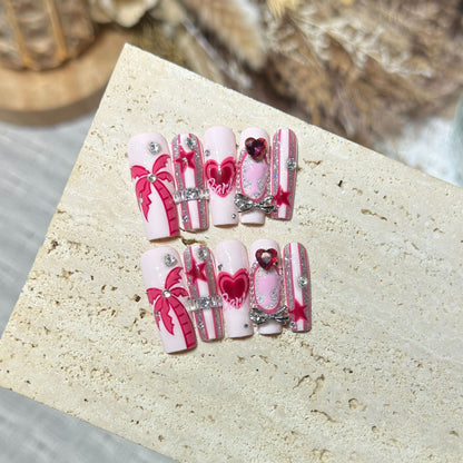 Artistic Press-On Nail Set with Playful Heart and Palm Designs Acalora