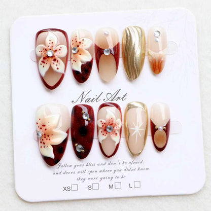 Artistic Press-On Nail Set with Floral Accents Acalora