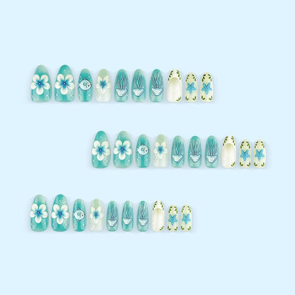 Artificial nails in a maritime design with colorful shell and water motifs Acalora
