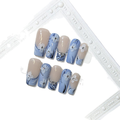 Decorative Press-On Nail Art Set with Floral and Gemstone Details Acalora