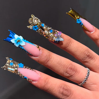 Artistic 3D Decorative Press-On Nails with Gemstone Accents Acalora