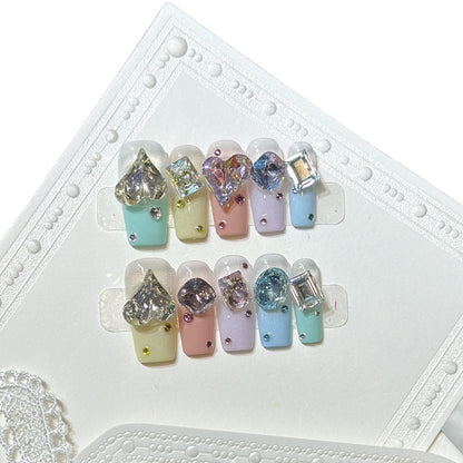 Artistic Press-On Nail Set with Gemstone Embellishments Acalora