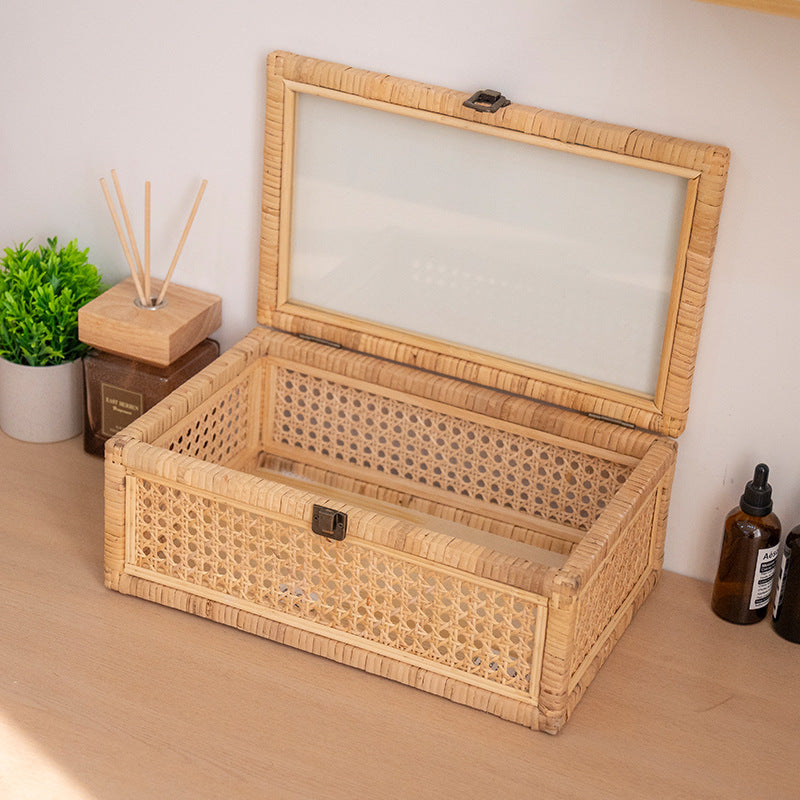 Practical storage box with glass surface