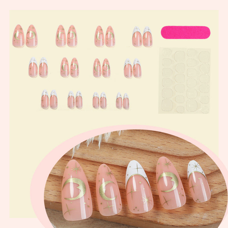 Artistic Press-On Nail Set with Geometric Moon and Star Designs Acalora