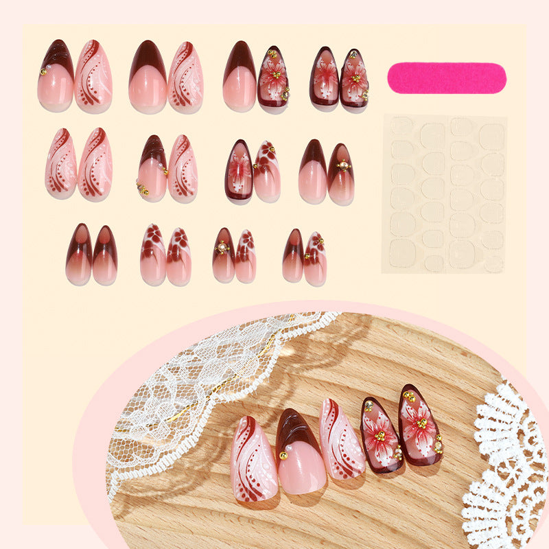 Decorative Press-On Nail Set with Intricate Floral and Ombre Design Acalora