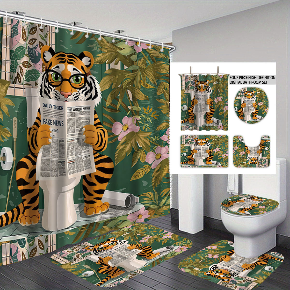 Artistic High-Definition Leopard and Rose-Themed Bathroom Décor Set