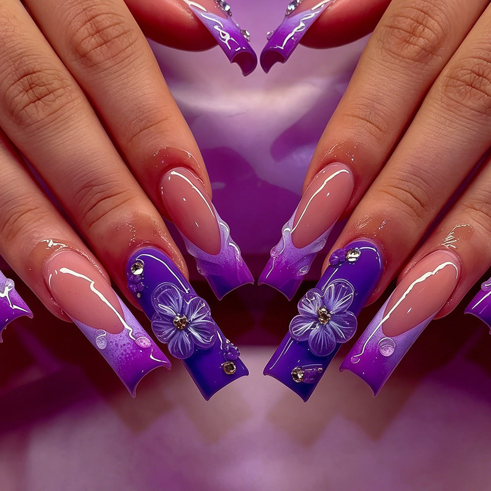 Decorative Long Press-On Nail Art Set with Floral Accents Acalora