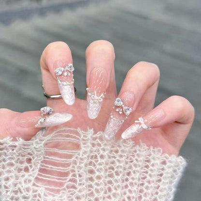 Decorative Stiletto Press-On Nail Set with Bow and Gem Accents Acalora