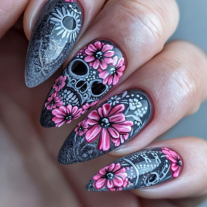 Artistic Sugar Skull Floral Nail Art Acalora
