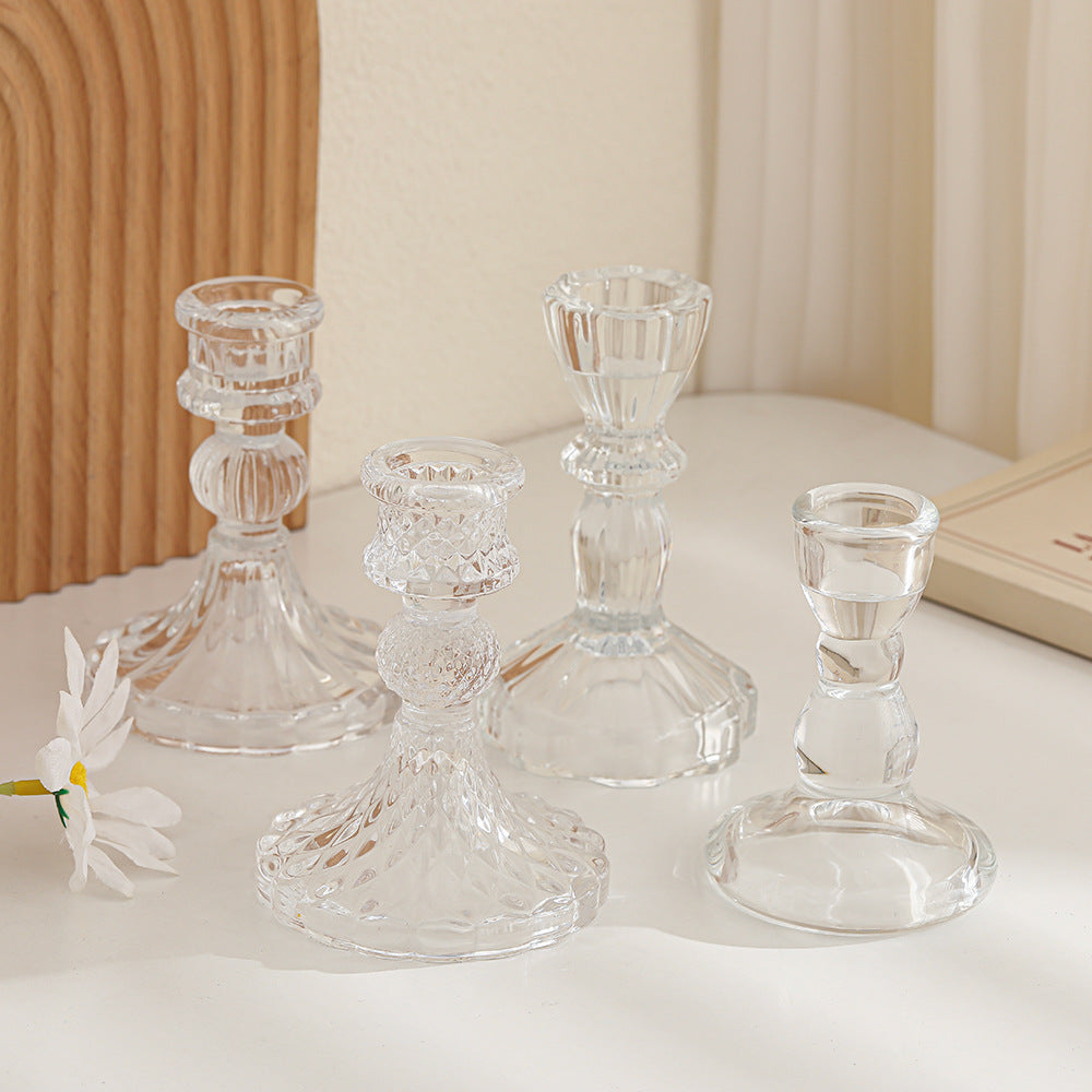 Crystal-cut Glass Candlestick Holder with Ribbed Stem Acalora