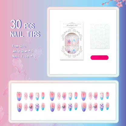 Artificial nail set with floral and butterfly decorations Acalora