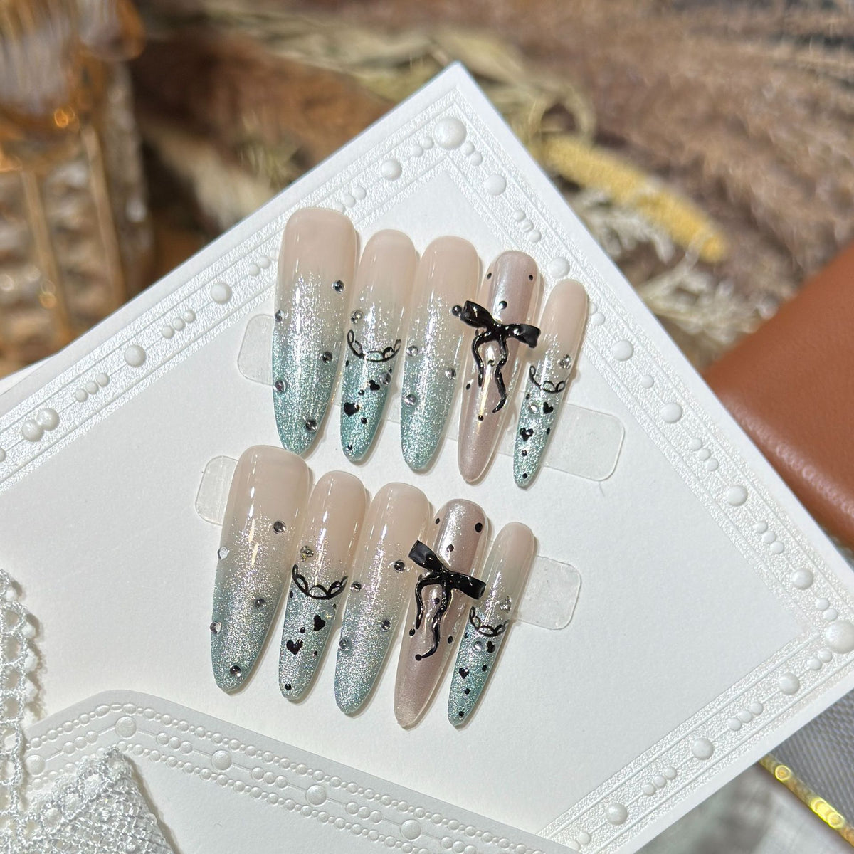 Elegant Stiletto Press-On Nail Set with Rhinestone and Bow Accents Acalora