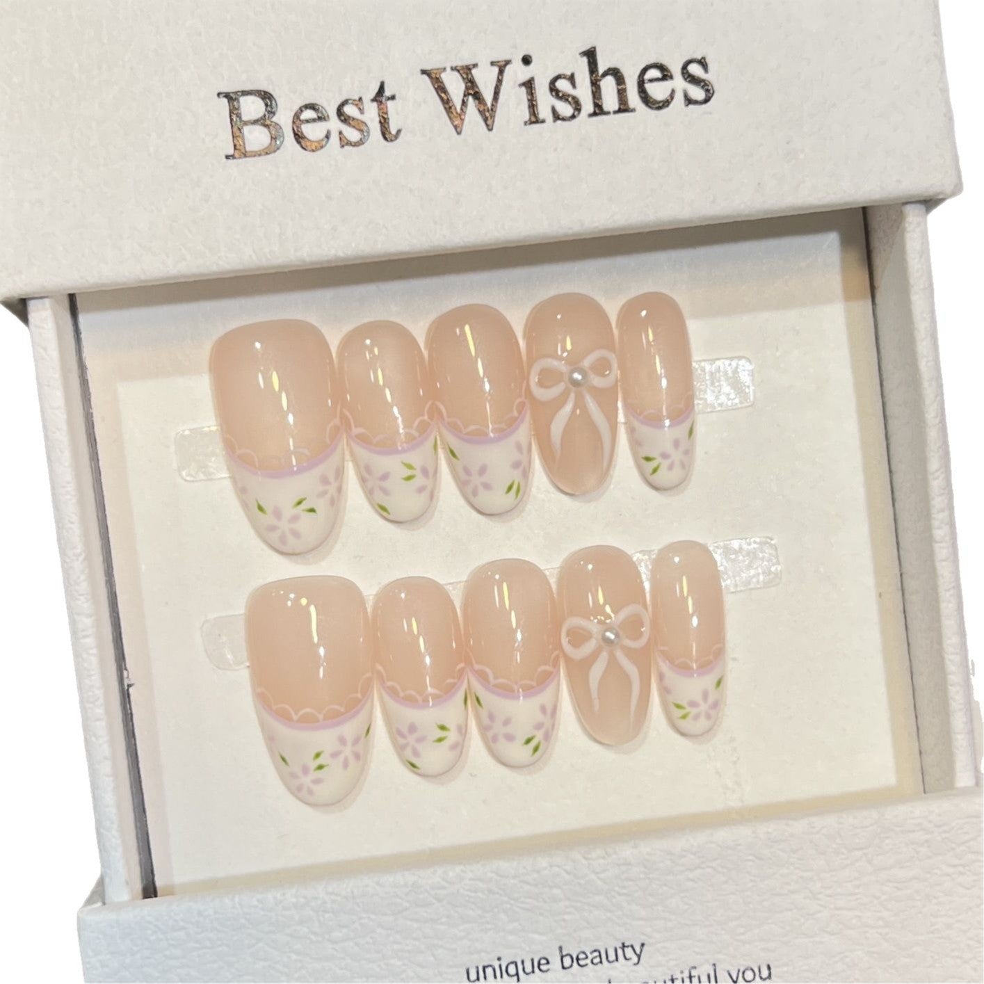 Decorative Press-On Nail Set with Floral Bow Design Acalora