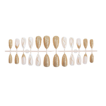 Elegant Press-On Nail Set with Glitter and Gold Swirl Accents Acalora