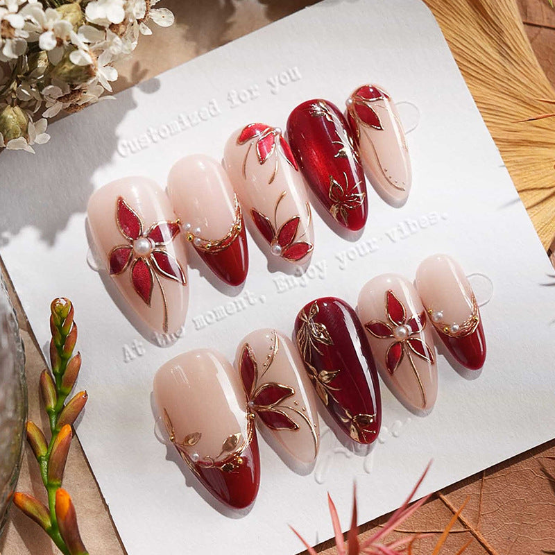 Elegant Press-On Nail Set with Floral and Gem Accents Acalora