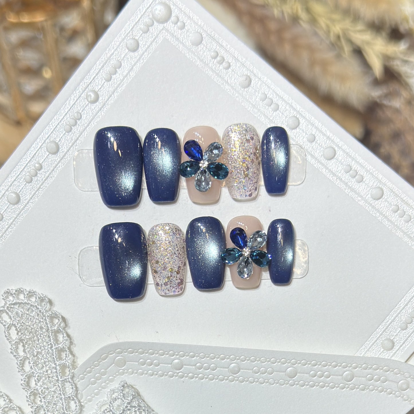 Elegant Floral Press-On Nail Set with Gemstone Accents Acalora