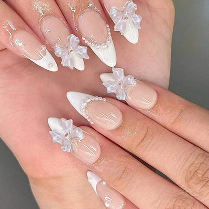Decorative Press-On Nail Set with Floral and Pearl Embellishments Acalora