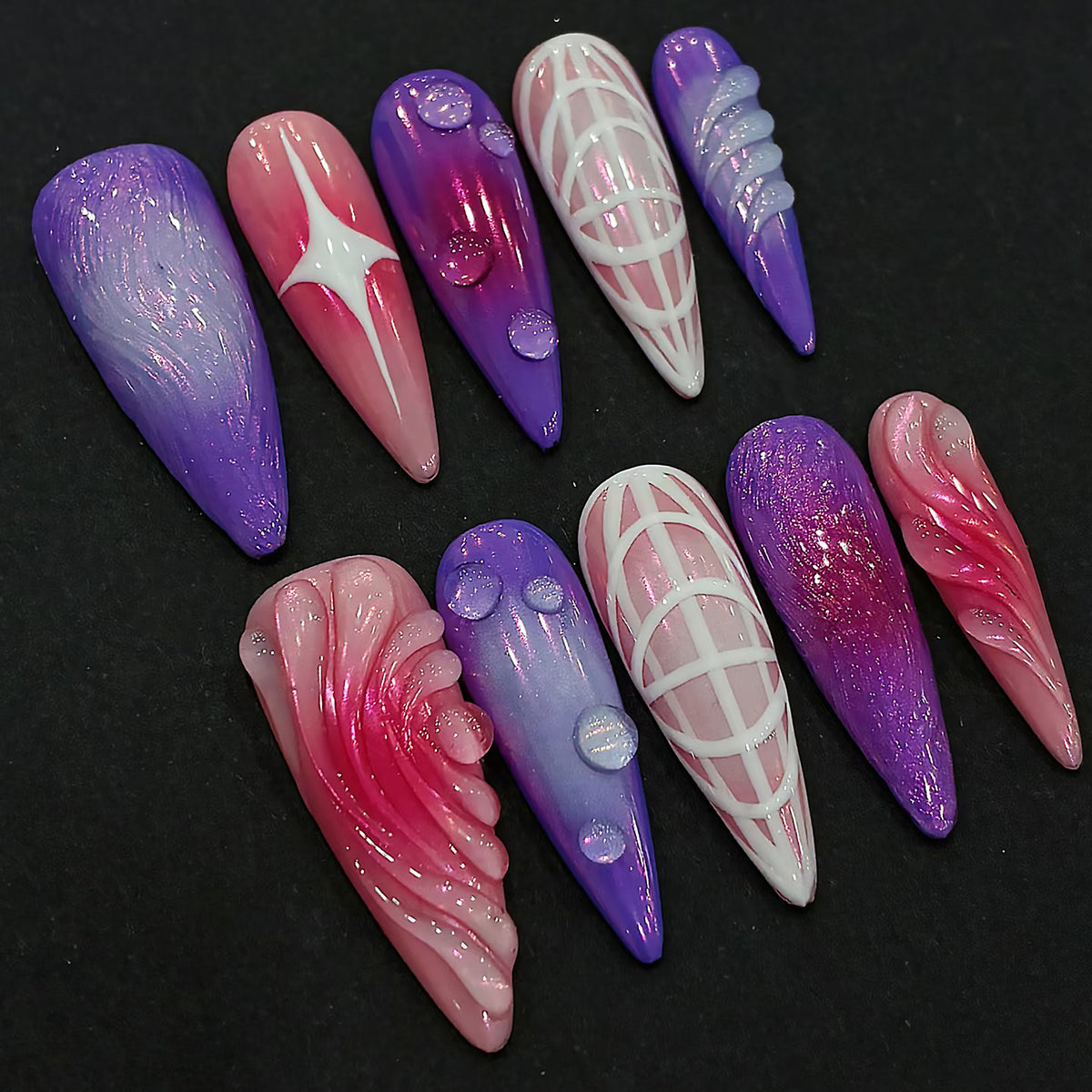 Decorative Press-On Nail Art Set with Iridescent and Abstract Designs Acalora
