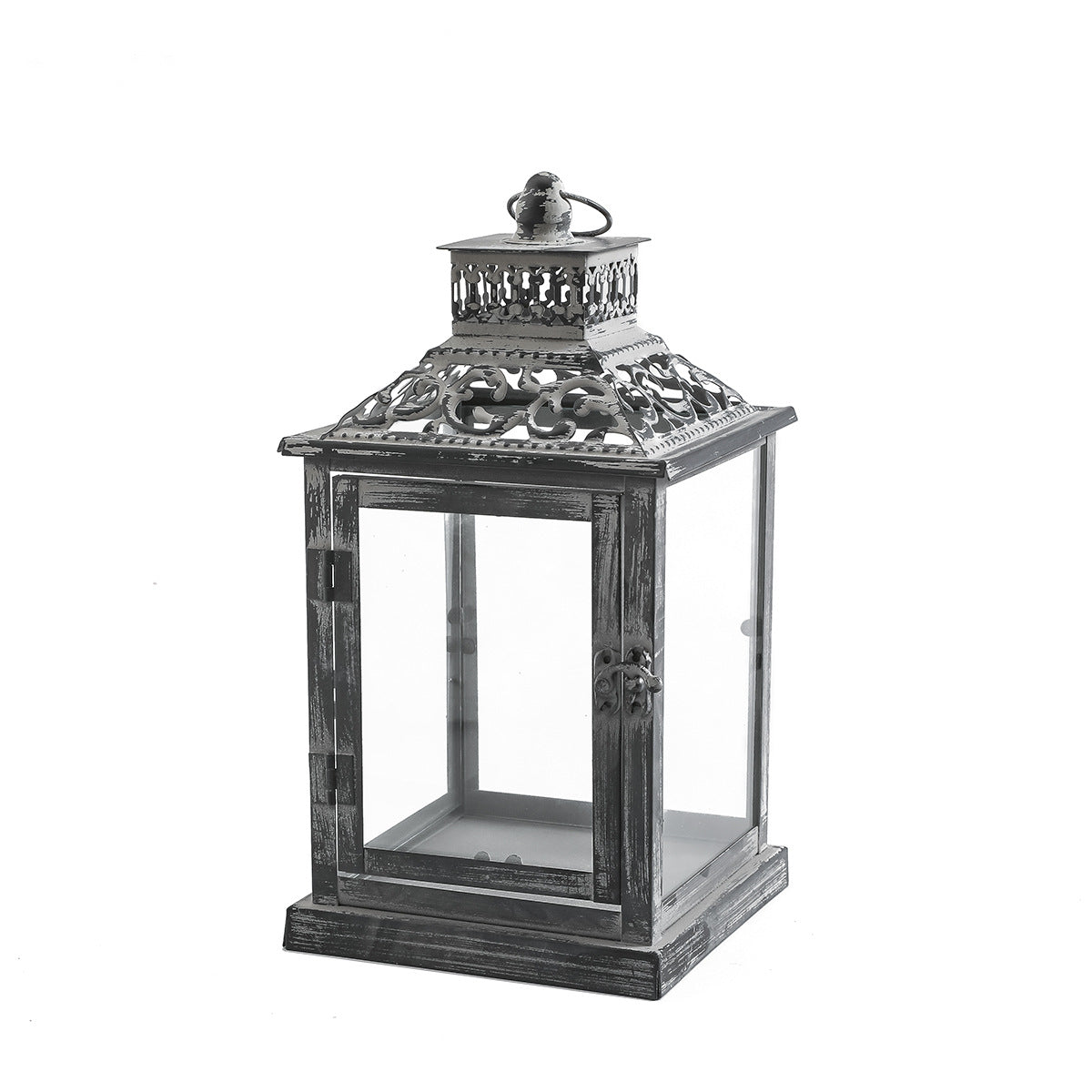 Ornate Distressed Wooden and Metal Glass-Paneled Decorative Lantern Acalora