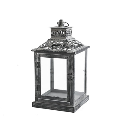 Ornate Distressed Wooden and Metal Glass-Paneled Decorative Lantern Acalora