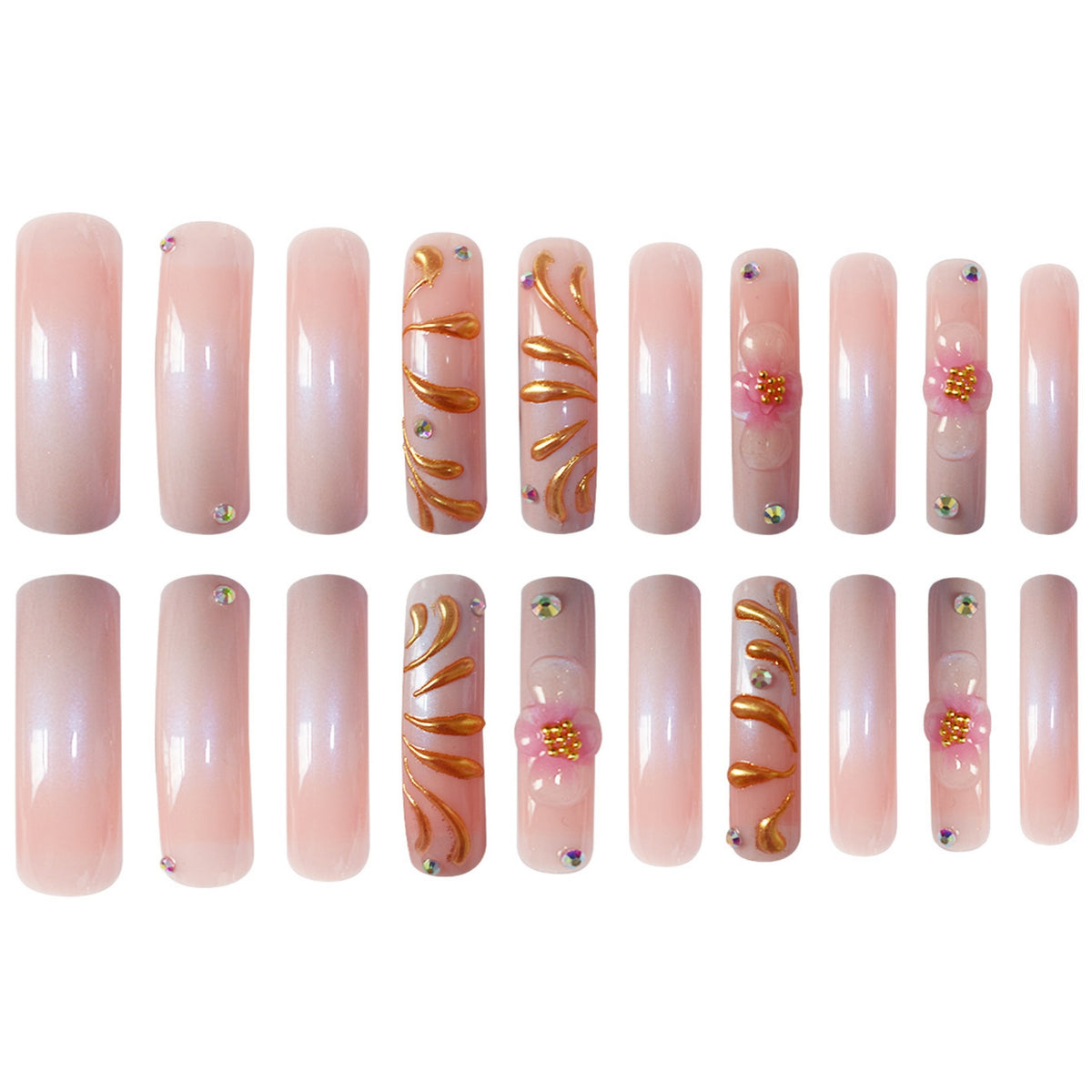 Glamorous 3D Floral Press-On Nails with Gold Accents Acalora