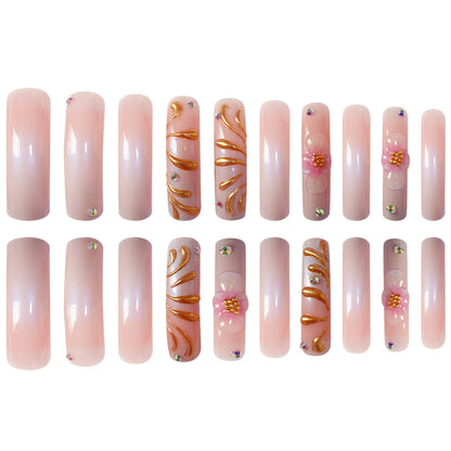 Glamorous 3D Floral Press-On Nails with Gold Accents Acalora