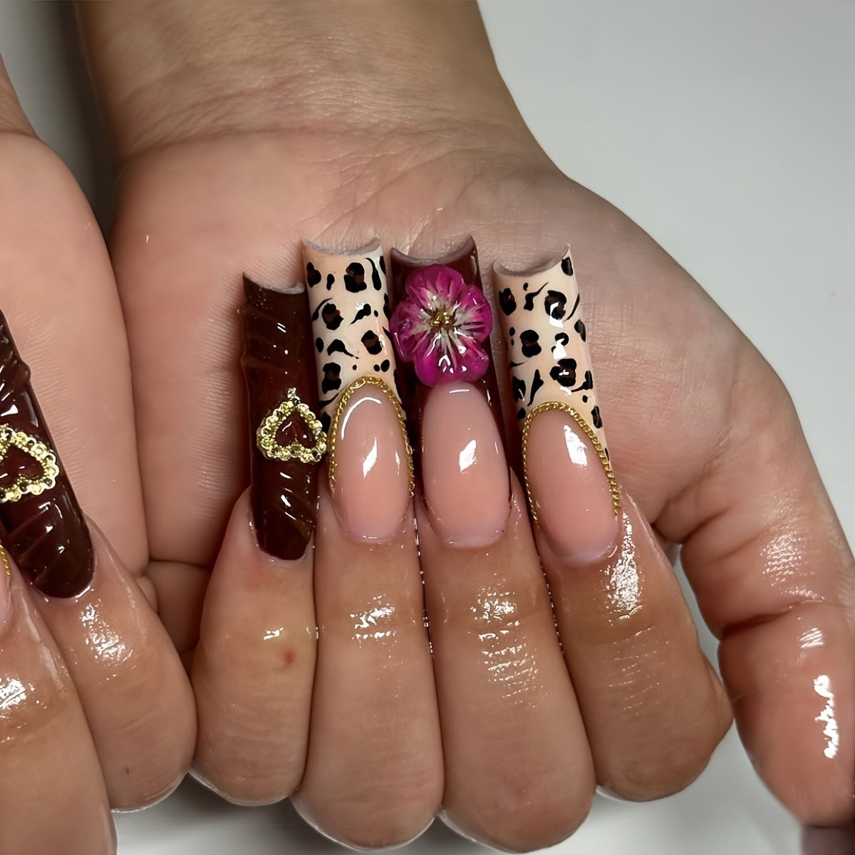 Decorative Long Acrylic Press-On Nail Art with Floral and Leopard Designs Acalora