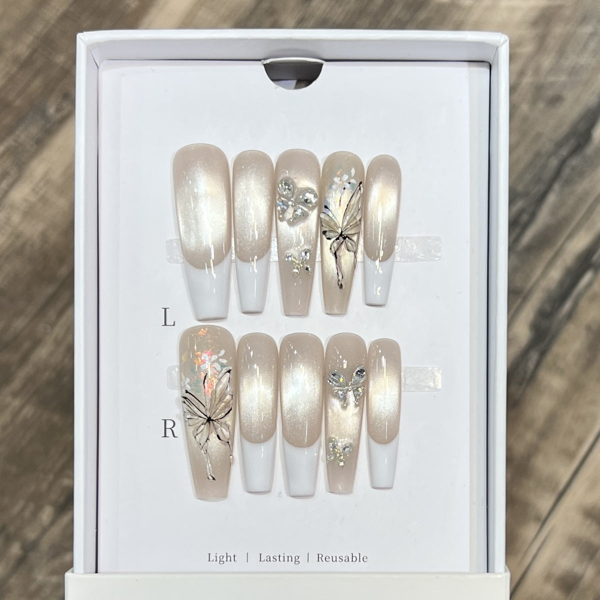 Elegant Press-On Nail Art Set with Butterfly and Jewel Accents Acalora