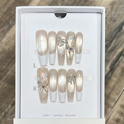 Elegant Press-On Nail Art Set with Butterfly and Jewel Accents Acalora