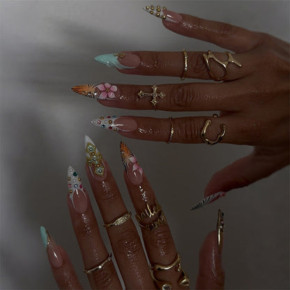 Artistic Decorative Press-On Nail Set with Floral Accents Acalora