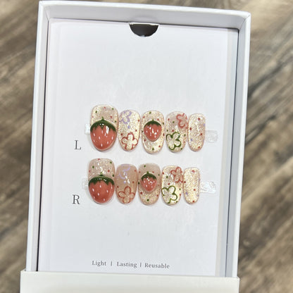 Artistic Strawberry-Themed Press-On Nail Set Acalora