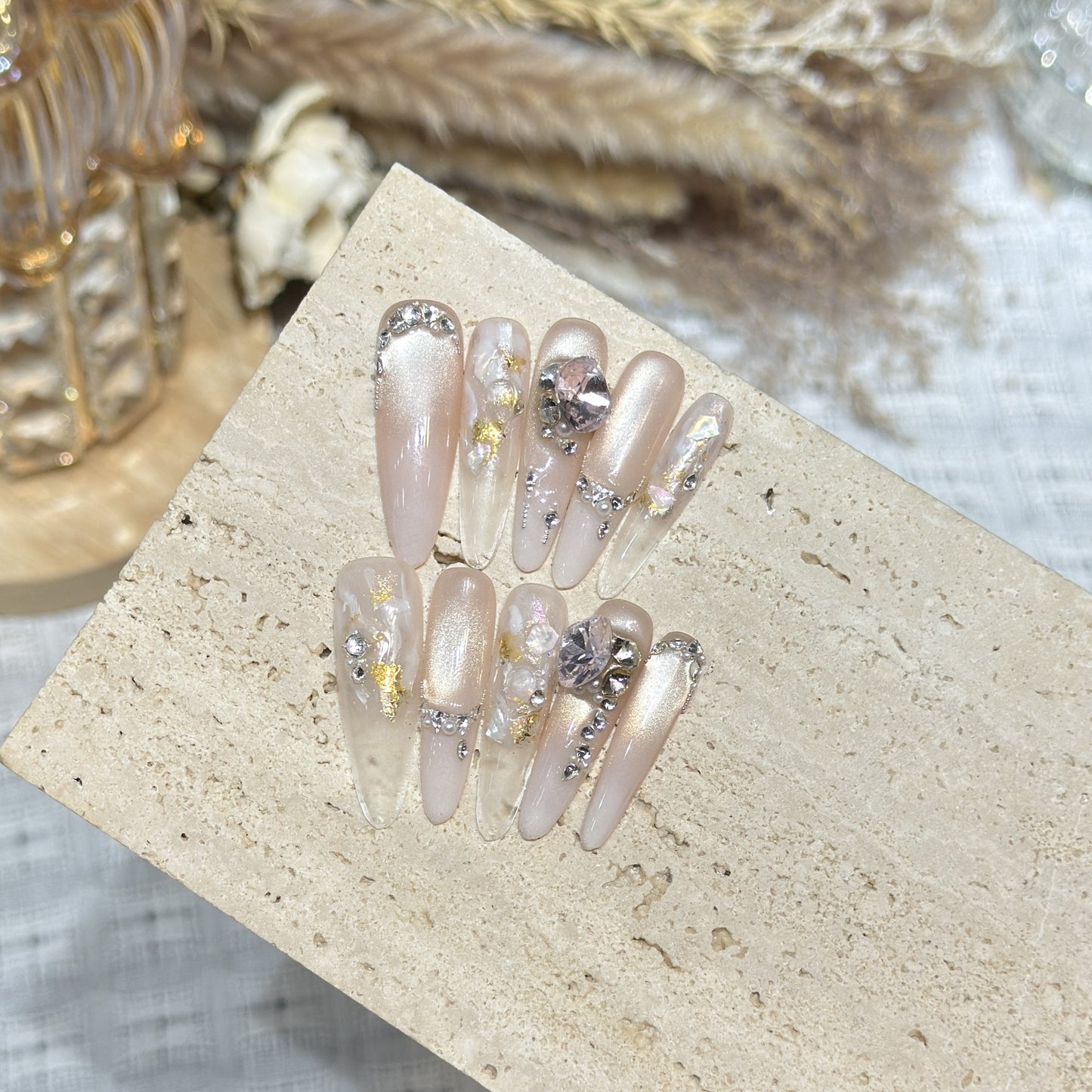 Decorative Stiletto Press-On Nail Art Set with Gemstone Accents Acalora