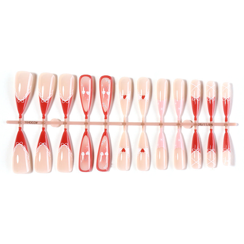 Decorative Press-On Nail Set with Heart and Ribbon Designs Acalora
