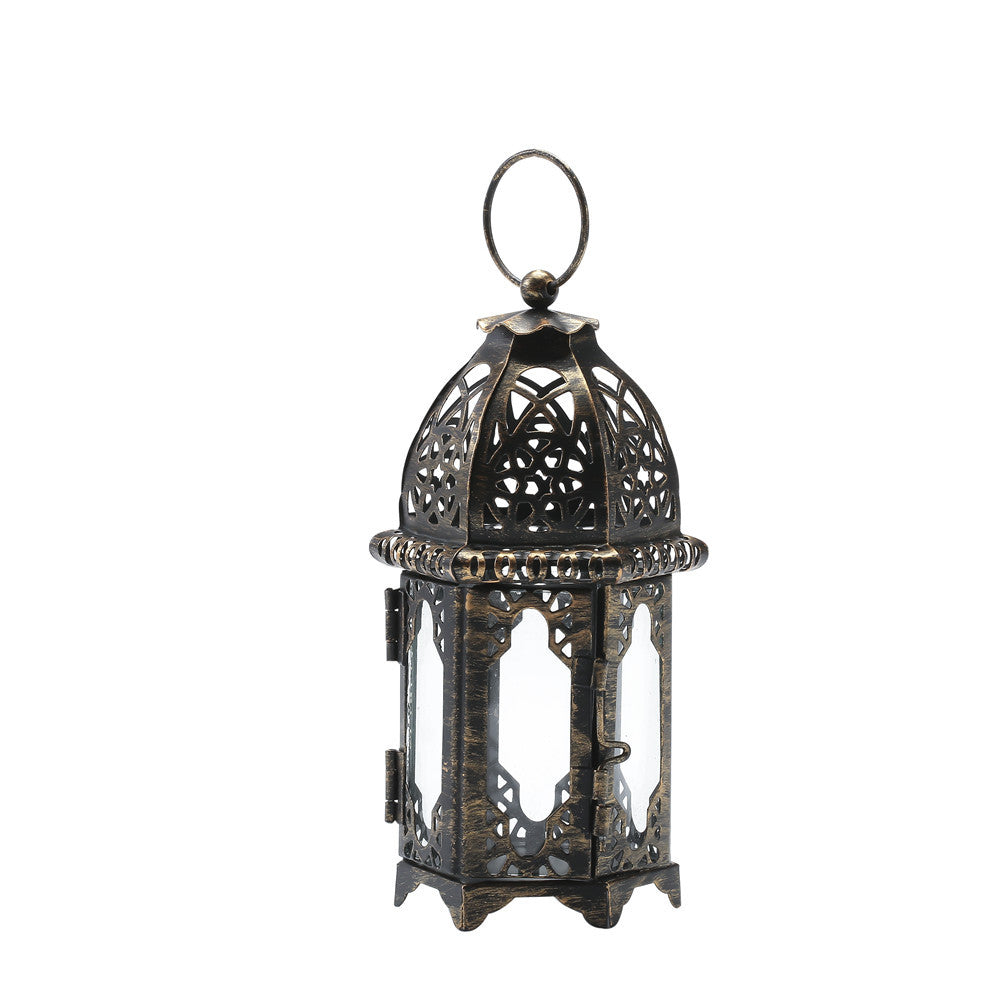 Decorative Moroccan Filigree Metal Lantern with Glass Panels and Hanging Ring Acalora