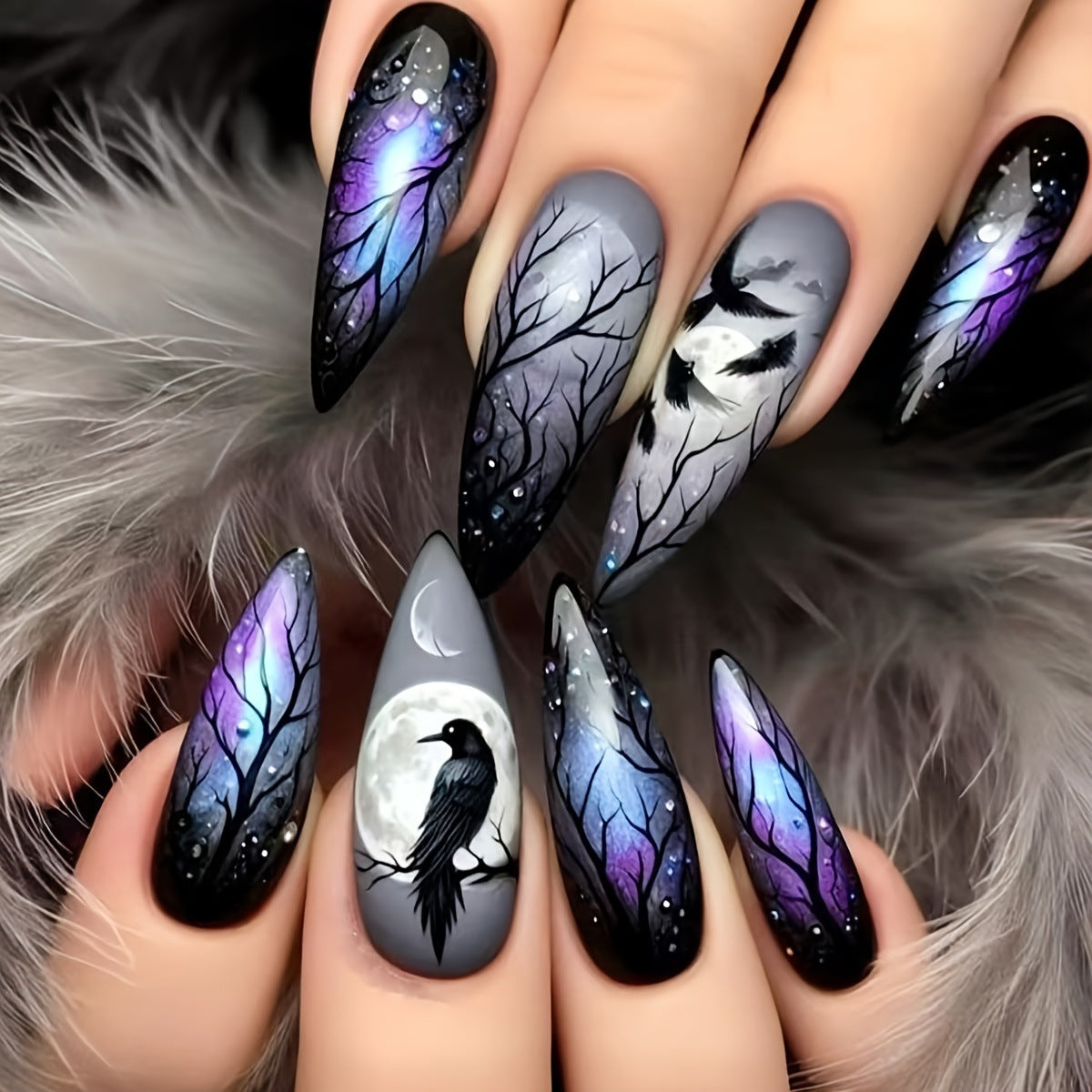 Artistic Moonlit Raven Nail Design Acalora
