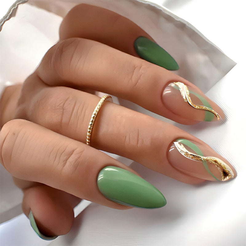 Artistic Press-On Nail Set with Eye-Catching Green Patterns Acalora