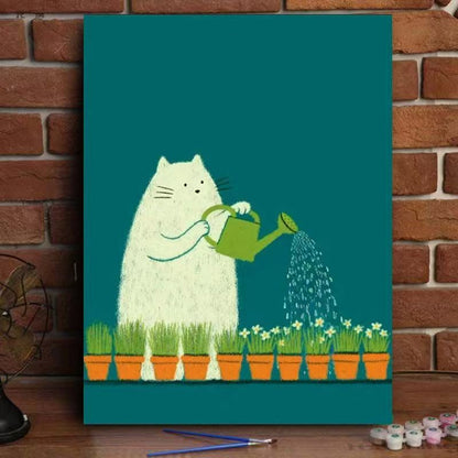 Whimsical Cat Watering Plants Canvas Art