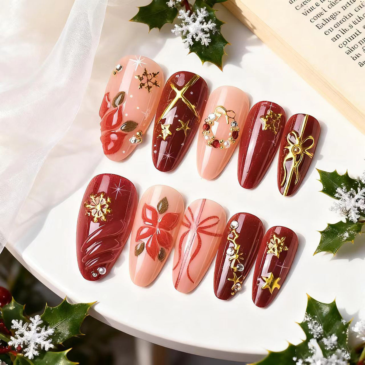 Artificial nail set in festive winter design with glamorous accents Acalora