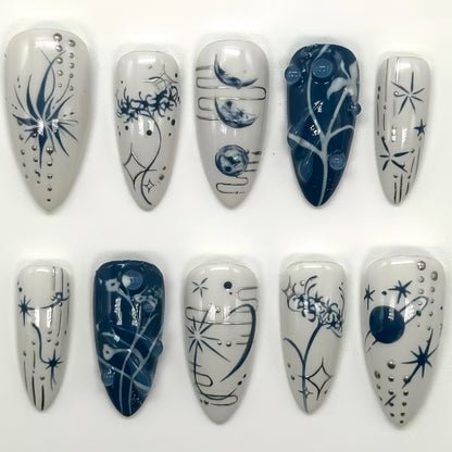 Artistic Long Stiletto Press-On Nails with Decorative Accents Acalora
