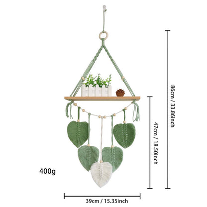 Macramé plant shelf with artistic leaf design
