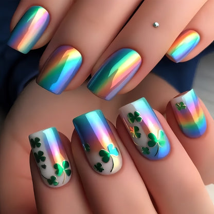 Artificial nails with colorful rainbow and clover leaf designs Acalora