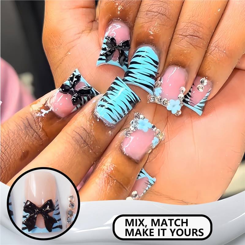 Decorative Press-On Nail Art Set with Bow and Gem Accents Acalora