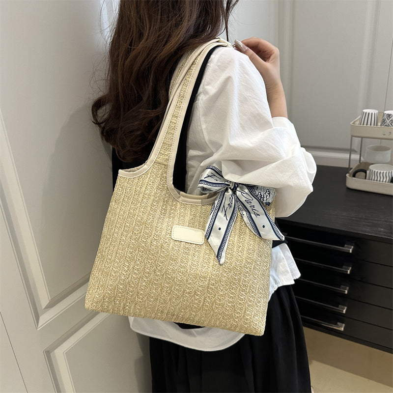Textured Weave Tote Bag with Elegant Bow Acalora
