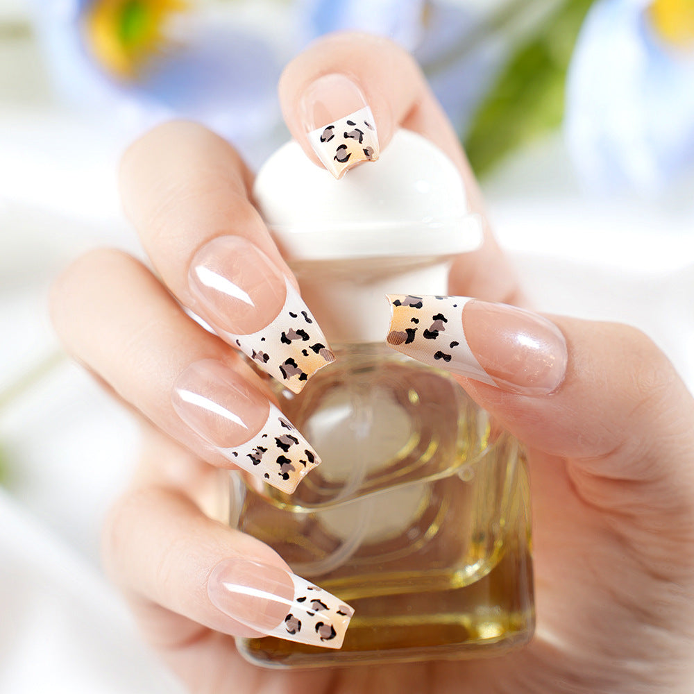Stylish French Tip Press-On Nails with Animal Print Acalora