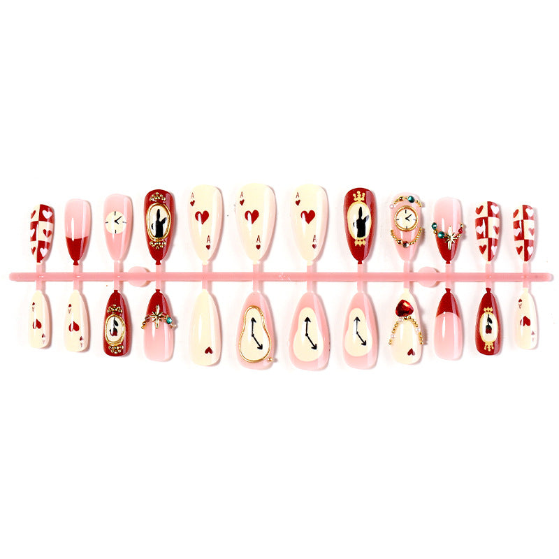 Artistic Press-On Nail Set with Creative Heart and Clock Designs Acalora